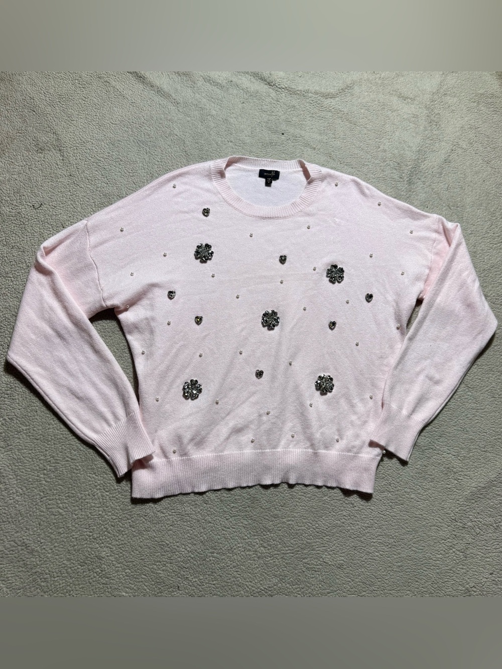 On Twelfth Sweater Womens XL Pink Rhinestone Floral Beaded Viscose Knit Crewneck